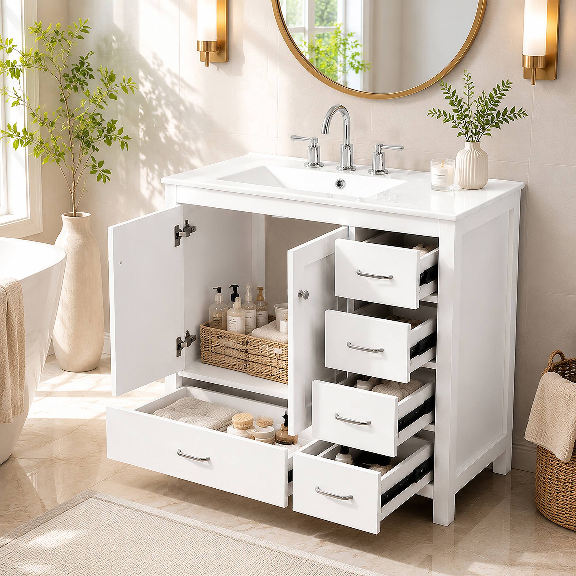 Angle. JUJABU - 36" White Bathroom Vanity with Ceramic Sink, 2 Soft-close Doors and 5 Drawers - White.