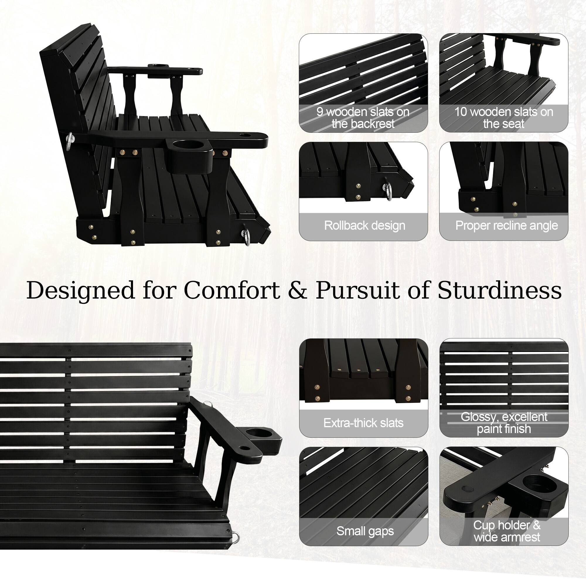 9 wooden slats on the backrest  
10 wooden slats on the seat  
Rollback design  
Proper recline angle  
Designed for Comfort & Pursuit of Sturdiness  
Extra-thick slats  
Glossy, excellent paint finish  
Small gaps  
Cup holder & wide armrest