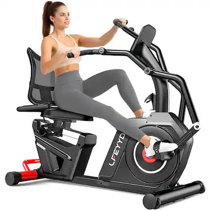 Front. Pooboo - Stationary Recumbent Exercise Bike for Home with Arm Exerciser, 16-Level Magnetic Resistance, LCD Monitor, Heavy-Duty F - Black.
