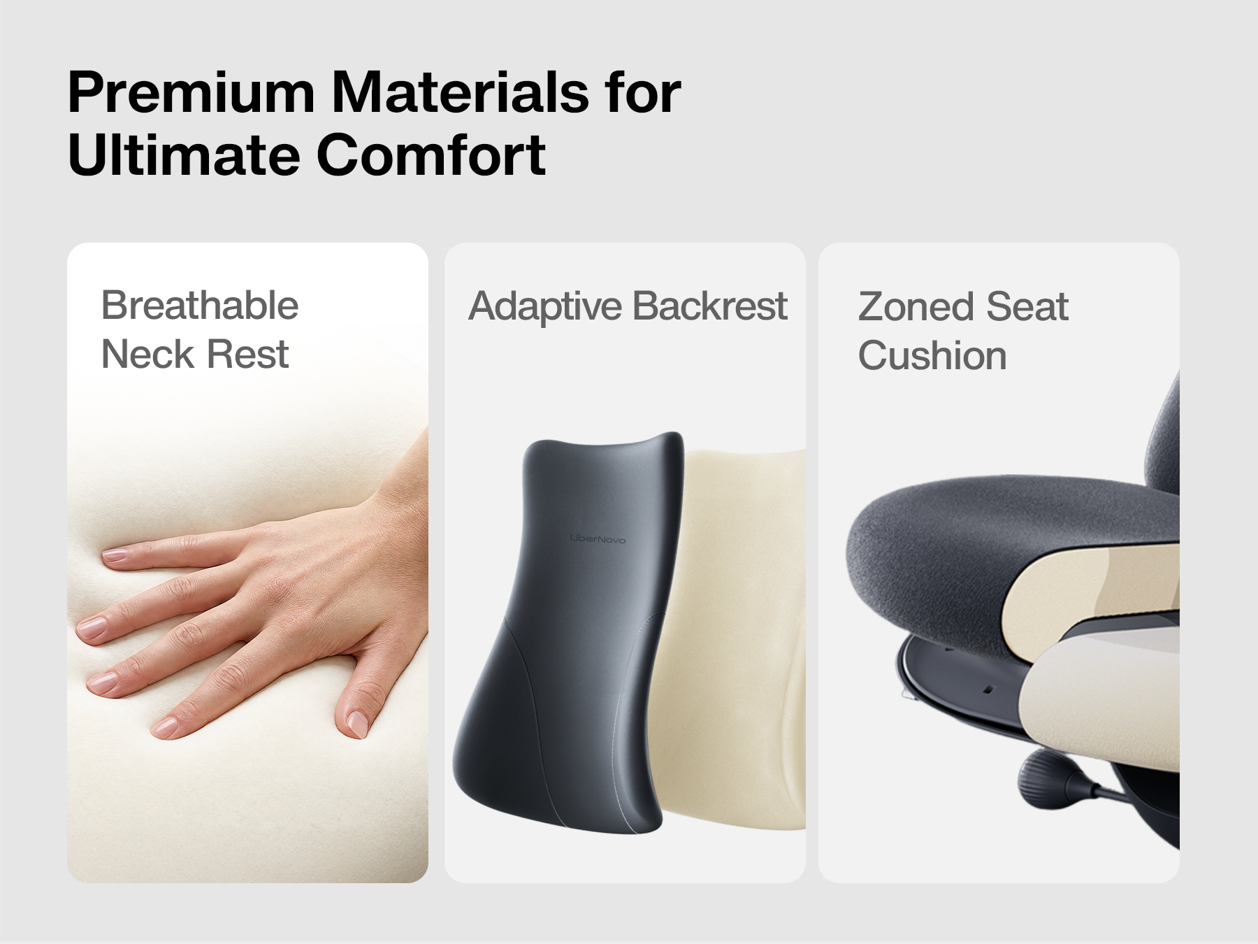Premium Materials for Ultimate Comfort

- Breathable Neck Rest
- Adaptive Backrest
- Zoned Seat Cushion

UberNovo