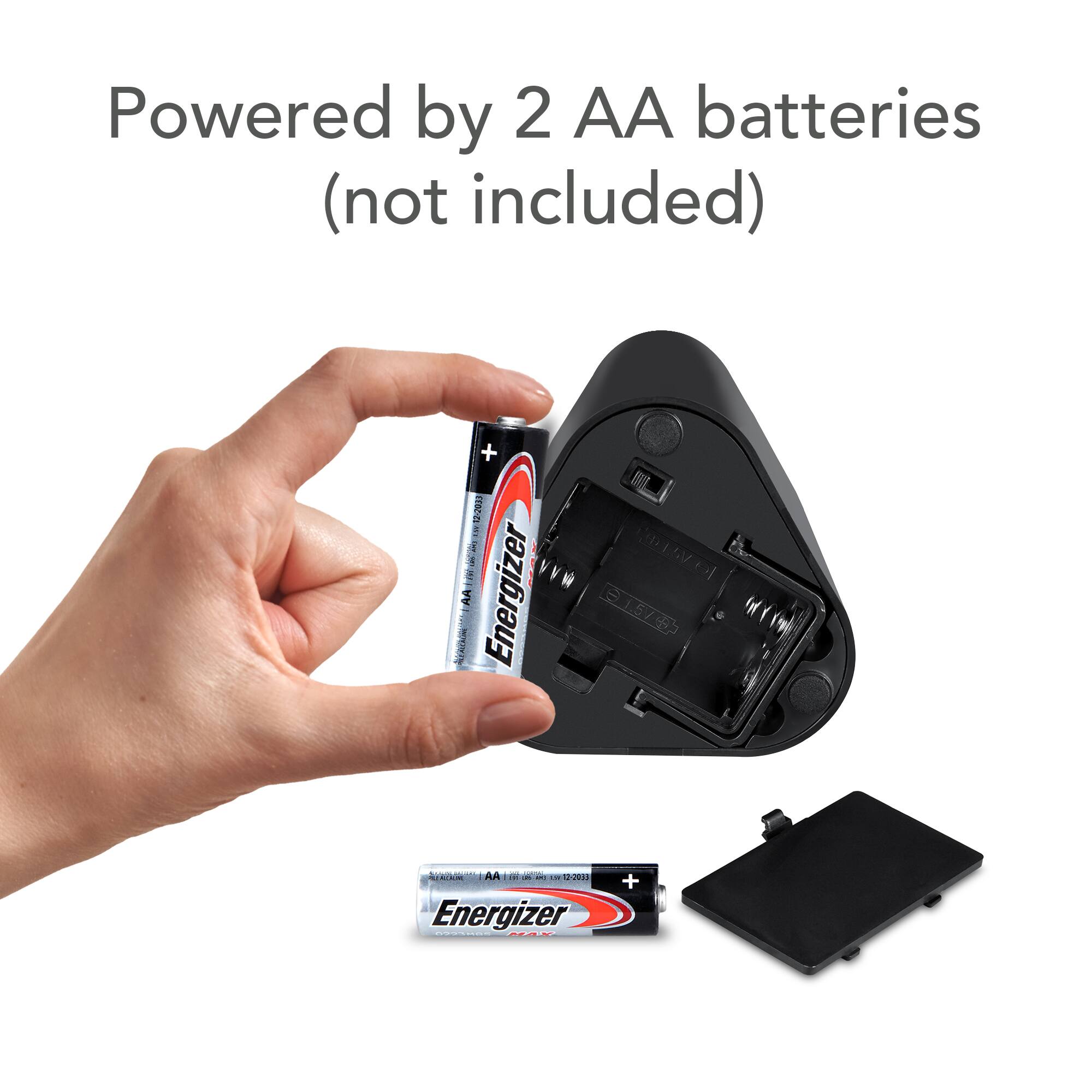 Powered by 2 AA batteries (not included)