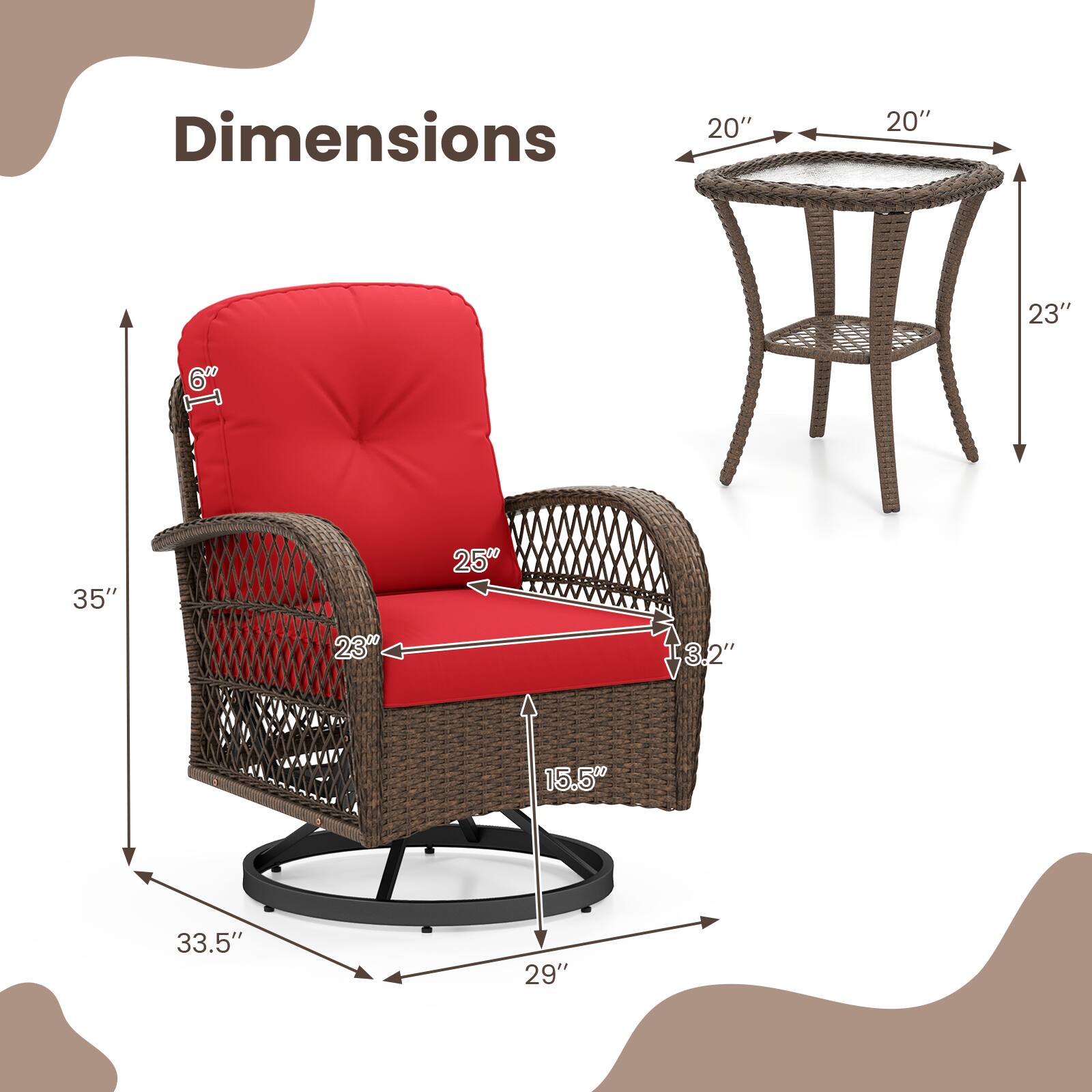 Dimensions:  
- 20" x 20" x 23"  
- 6"  
- 35"  
- 25"  
- 23"  
- 3.2"  
- 15.5"  
- 33.5"  
- 29"