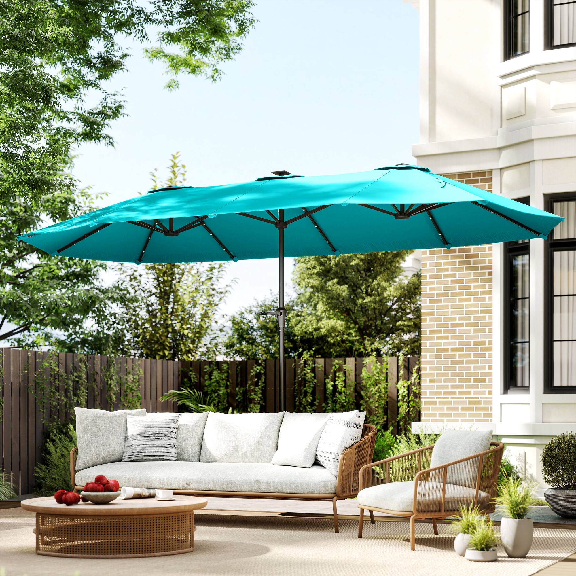 Alt View 8. Outsunny - Double-Sided Market Umbrella, Large Patio Umbrella with Solar Lights, Crank Handle for Garden, Pool - Blue.