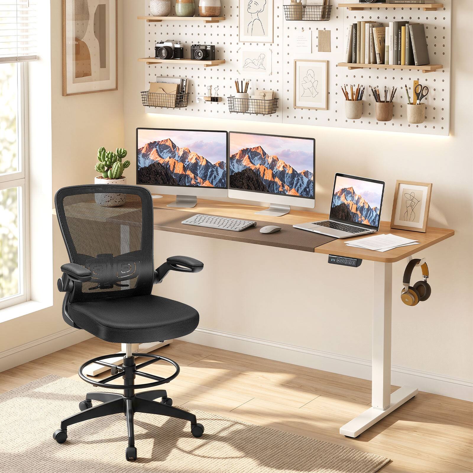 Alt View 1. Costway - Costway 63 x 24 Inch Electric Standing Desk with 3 Memory Presets, Cable Management & Hook - Natural+White.