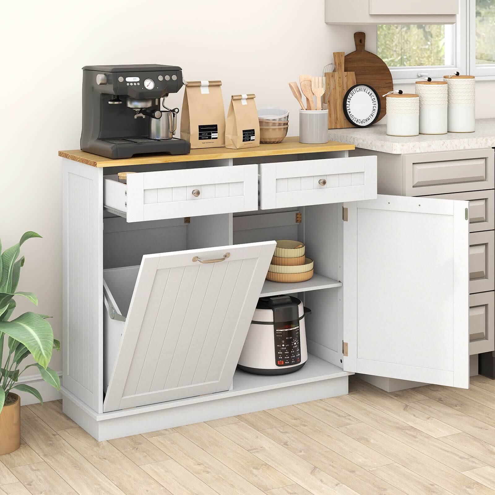 Alt View 1. Costway - Costway 15.5 Gallon Kitchen Tilt Out Trash Cabinet Rubber Wood Tabletop 2 Drawers - White.
