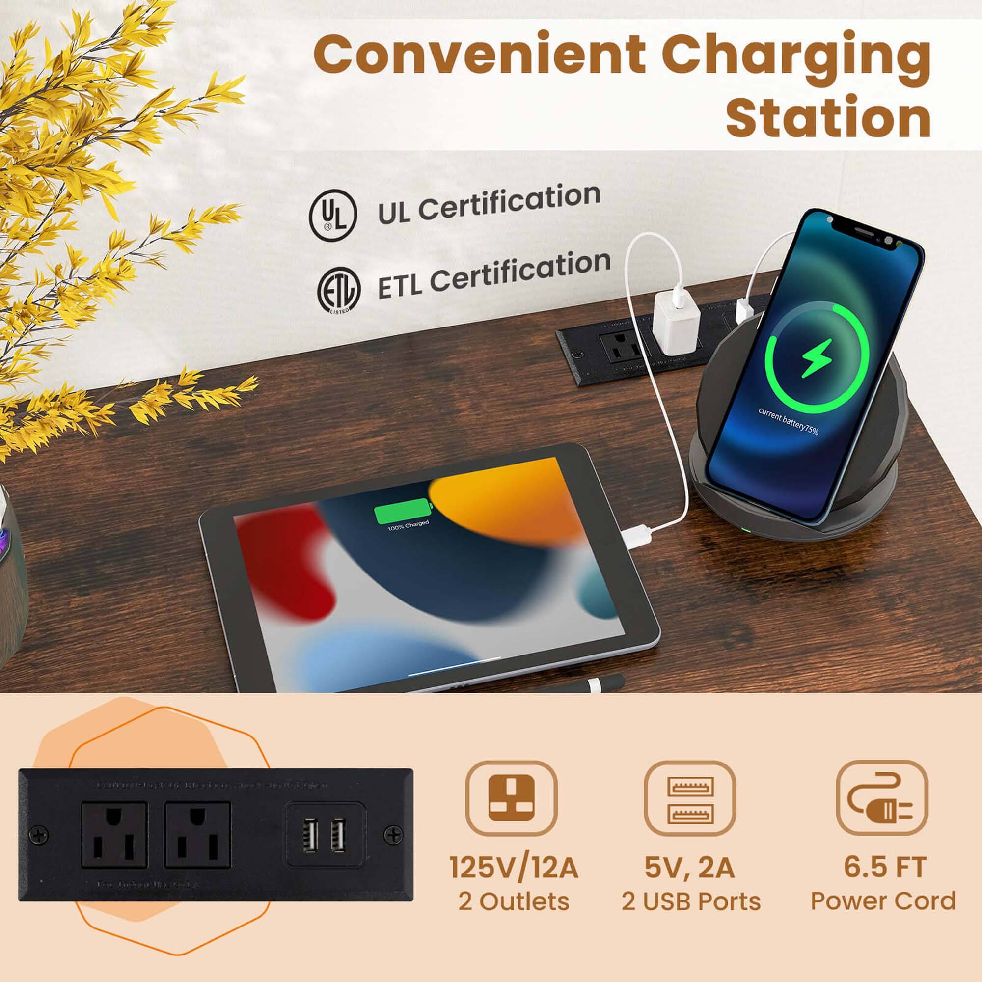 Convenient Charging Station, UL Certification, ETL Certification, 125V/12A, 5V, 2A, 2 Outlets, 2 USB Ports, 6.5 FT Power Cord.