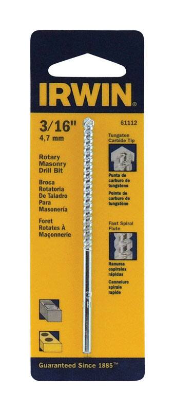 IRWIN 61112 3/16" (4.7 mm) Tungsten Carbide Tip Rotary Masonry Drill Bit  
Broca Rotatoria De Taladro Para Masonería  
Foret Rotatives À Maçonnerie  
Punta de Carburo de Tungsteno  
Pointe de Carbure de Tungstène  
Fast Spiral Flute  
Ranuras espirales rápidas  
Cannelure spirale rapide  
Guaranteed Since 1885™