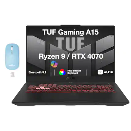 TUF Gaming A15
Ryzen 9 / RTX 4070
RGB Backlit Keyboard
Bluetooth 5.2
Wi-Fi 6