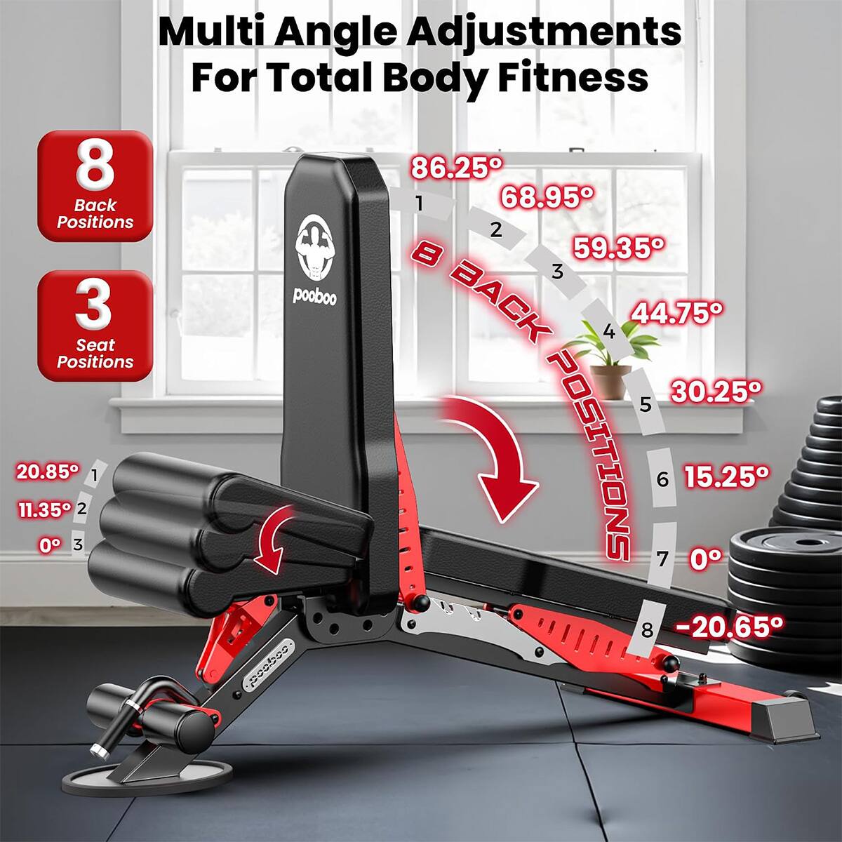 Multi Angle Adjustments For Total Body Fitness

8 Back Positions
86.25°
68.95°
59.35°
44.75°
30.25°
15.25°
-20.65°

3 Seat Positions
20.85°
11.35°
0°