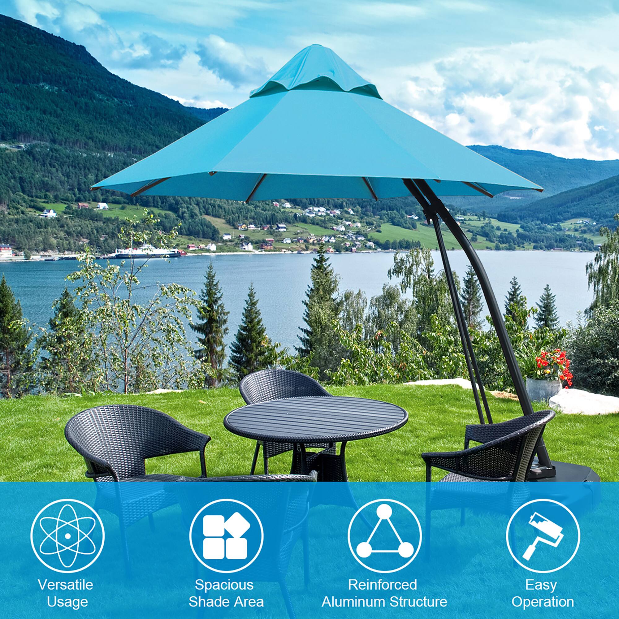 Versatile Usage  
Spacious Shade Area  
Reinforced Aluminum Structure  
Easy Operation
