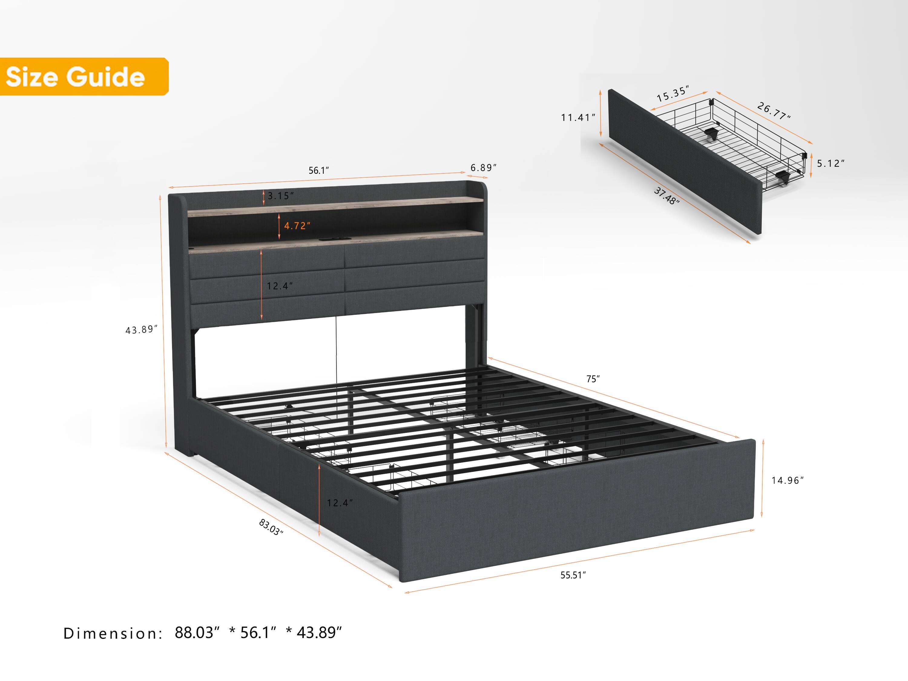 Size Guide

11.41"  
15.35"  
26.77"  
56.1"  
3.15"  
4.72"  
6.89"  
37.48"  
5.12"  
12.4"  
43.89"  
75"  
14.96"  
83.03"  
12.4"  
55.51"  
88.03"  

Dimension: 88.03" * 56.1" * 43.89"