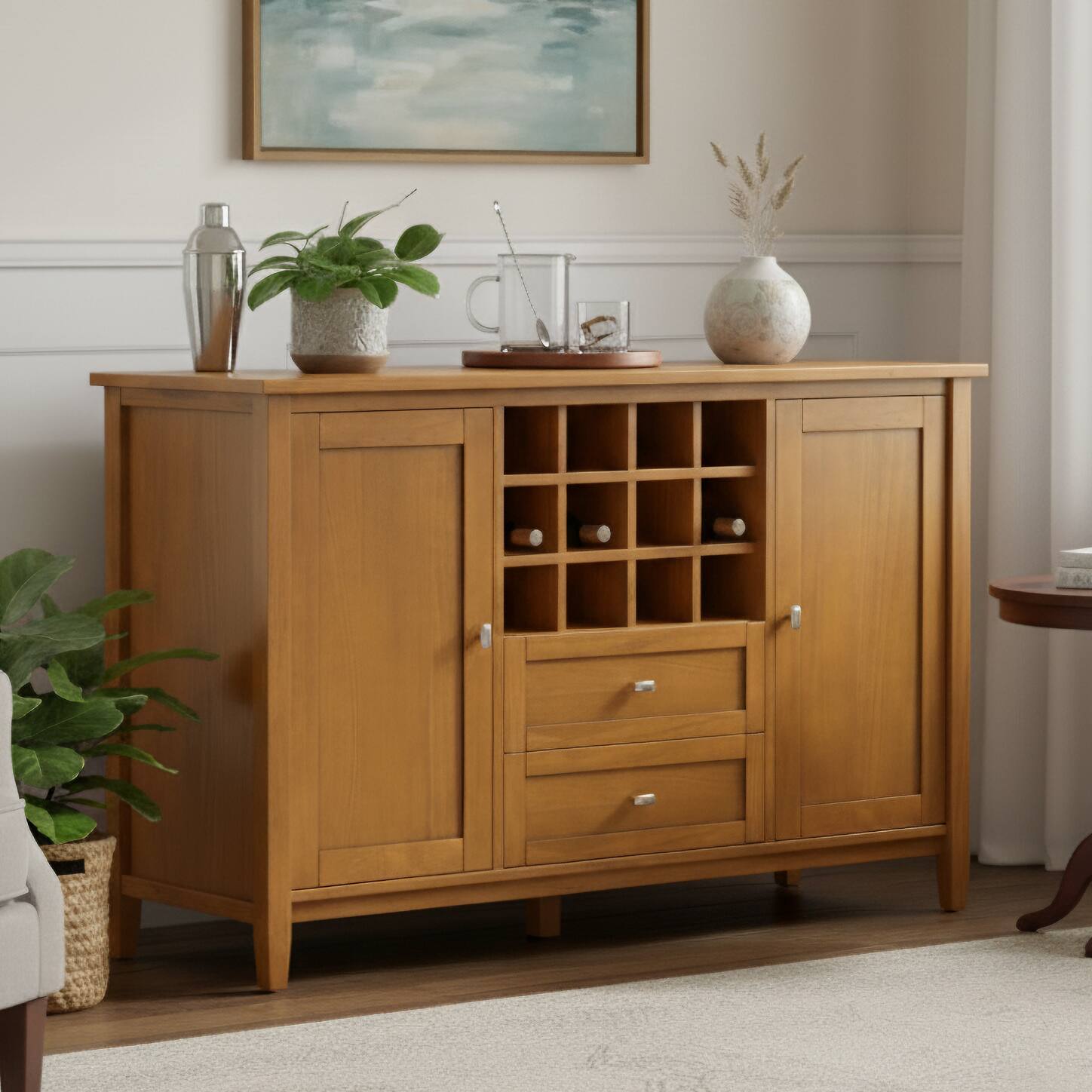 Front. Simpli Home - Warm Shaker Storage Cabinet with Wine Rack - Light Golden Brown.