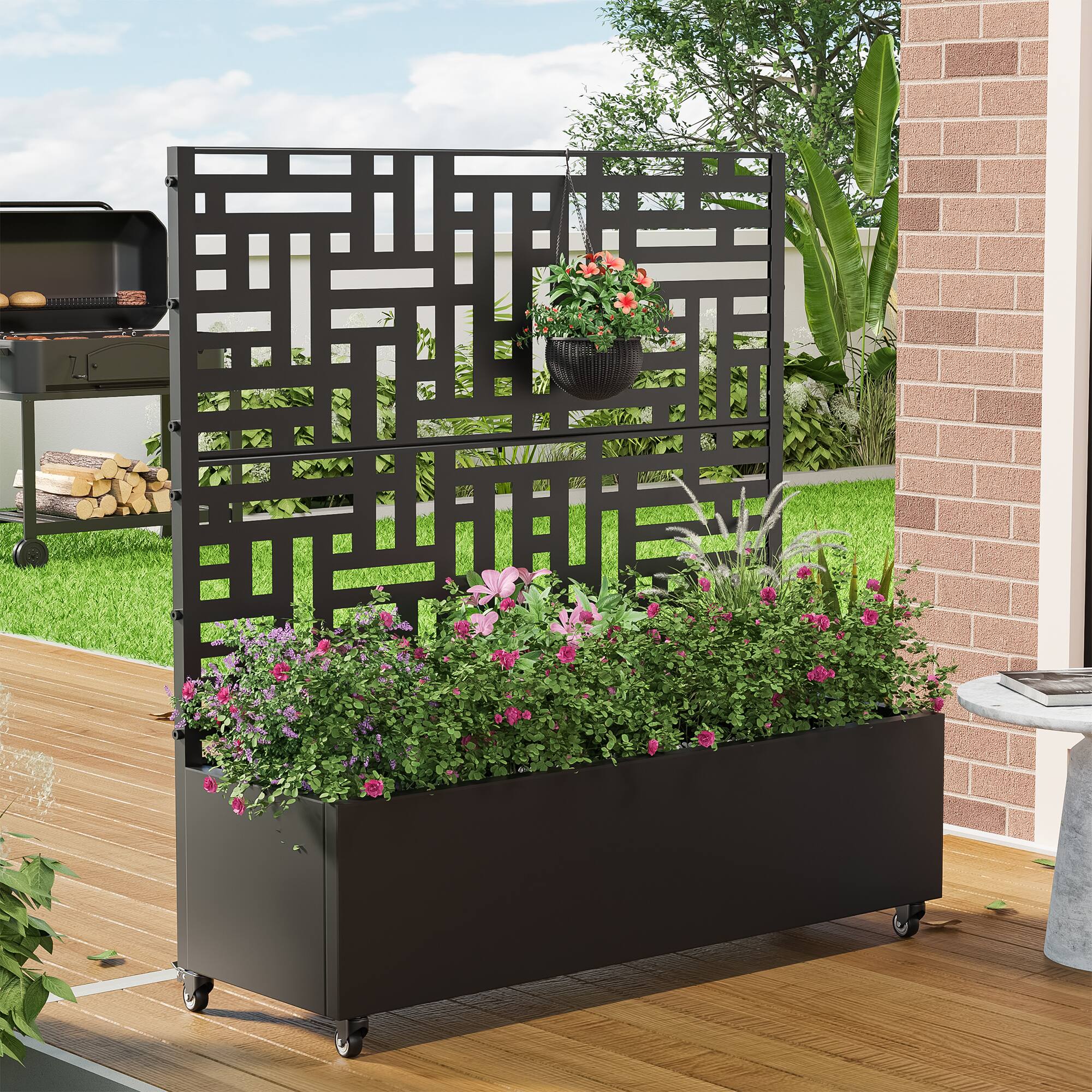 Alt View 1. PexFix - 47 in. H x 47 in. W Helen Pattern Rectangle Metal Planter Box Raised Garden Beds with Trellis-Ideal for Balcony - Black.