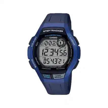 STEP TRACKER ILLUMINATOR CASIO 1001D ADJUST SET 9311 002 75 PRINTIOG WATER LIGHT so SPL 123456 RESIST LAP MODE SELECT 05432: 100M LAP MEMORY 200 FORWARD REVERSE START LAP STOP RESET