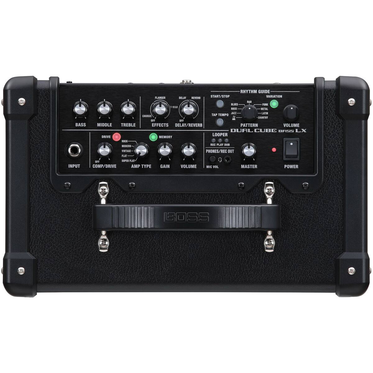 RHYTHM GUIDE  
START/STOP  
VARIATION  
FLANGER  
DELAY/REVERB  
PATTERN  
VOLUME  

BASS  
MIDDLE  
TREBLE  
EFFECTS  
DELAY/REVERB  
LOOPER  
DRIVE  
MEMORY  
INPUT  
COMP/DRIVE  
AMP TYPE  
GAIN  
VOLUME  
MIC VOL  
MASTER  
POWER  

DUAL CUBE BASS LX  

BOSS