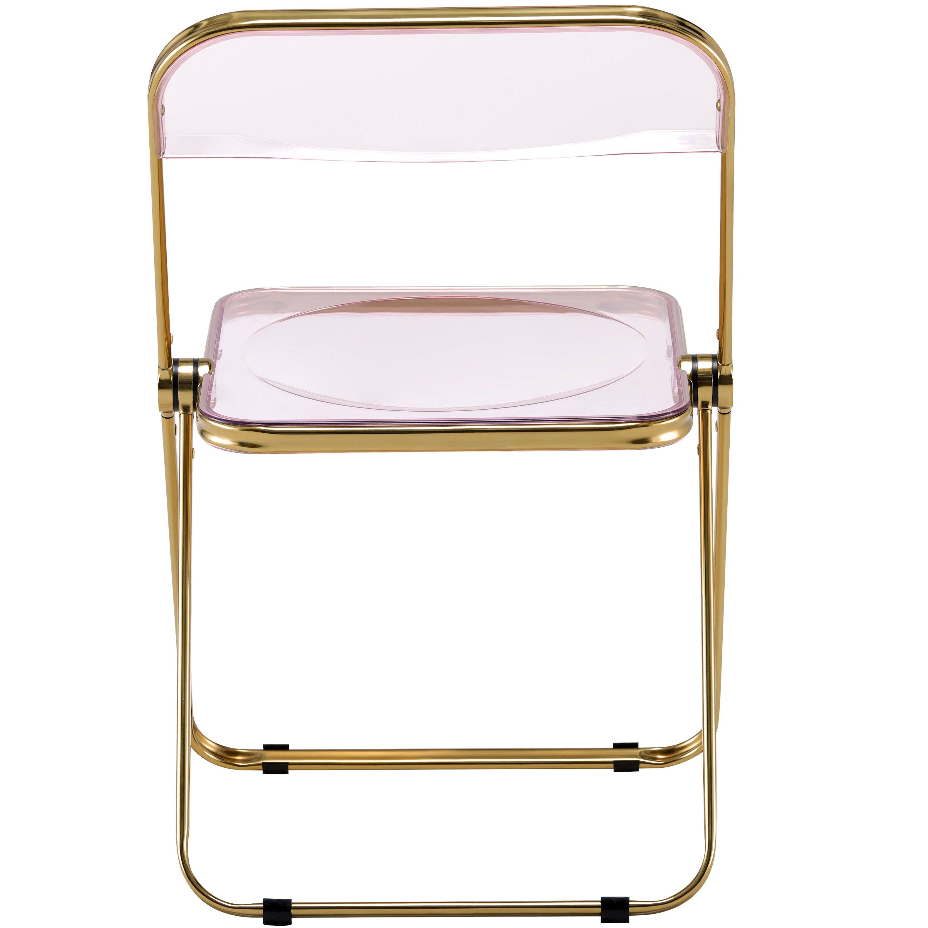 Alt View 3. LeisureMod - Lawrence Clear Acrylic Folding Chair, Modern Gold Chrome Frame, Fully Assembled Portable Dining Seat - Rose Pink.