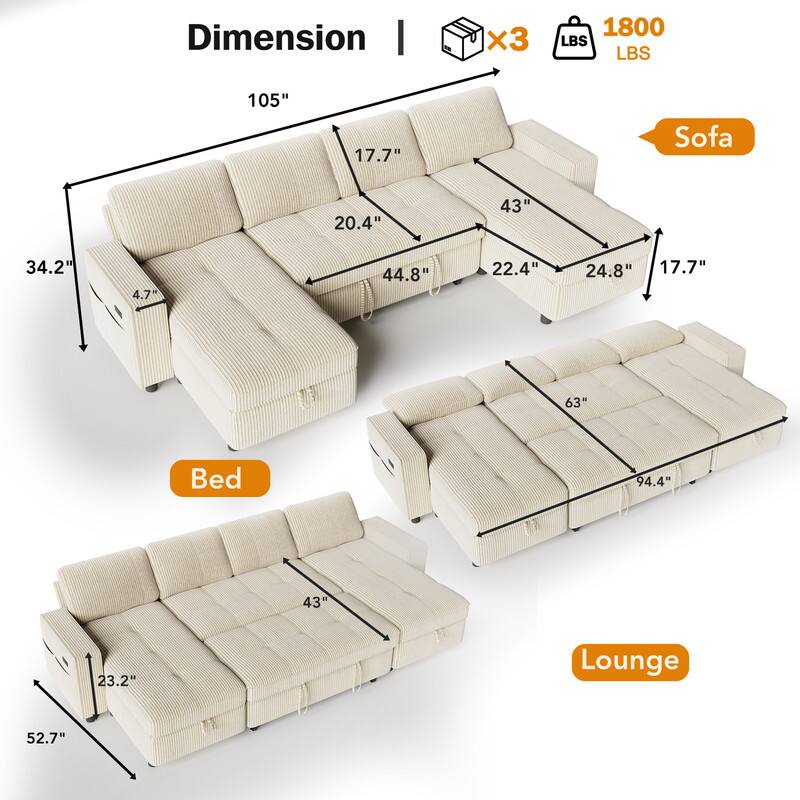 Dimension I x3 1800 LBS  
Sofa: 105" x 17.7" x 20.4" x 43" x 44.8" x 22.4" x 24.8" x 17.7" x 4.7"  
Bed: 94.4" x 43" x 23.2"  
Lounge: 52.7" x 63"