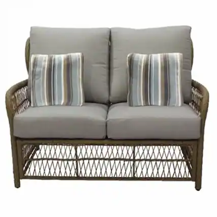 Front. Four Seasons Courtyard - Four Seasons Courtyard Positano Wicker Cushioned Loveseat w/ 2 Accessory Pillows - Brown.