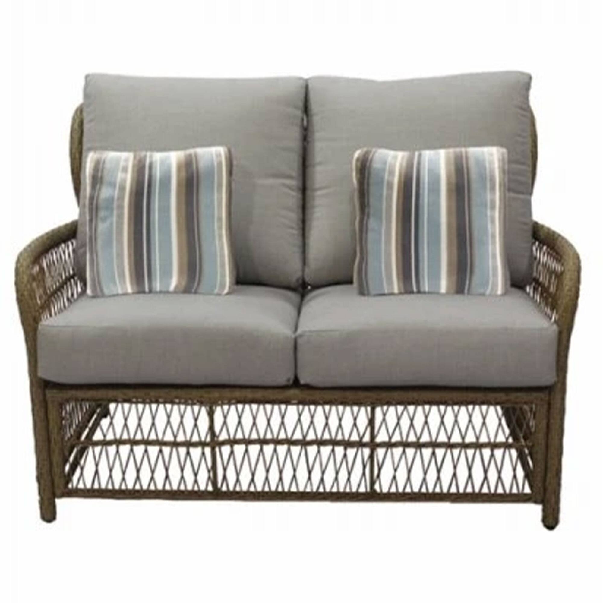 Front. Four Seasons Courtyard - Four Seasons Courtyard Positano Wicker Cushioned Loveseat w/ 2 Accessory Pillows - Brown.