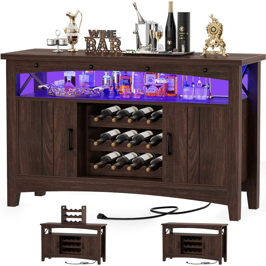 Aheaplus Wine Cabinet with Charging Station and LED Lights, Liquor ...