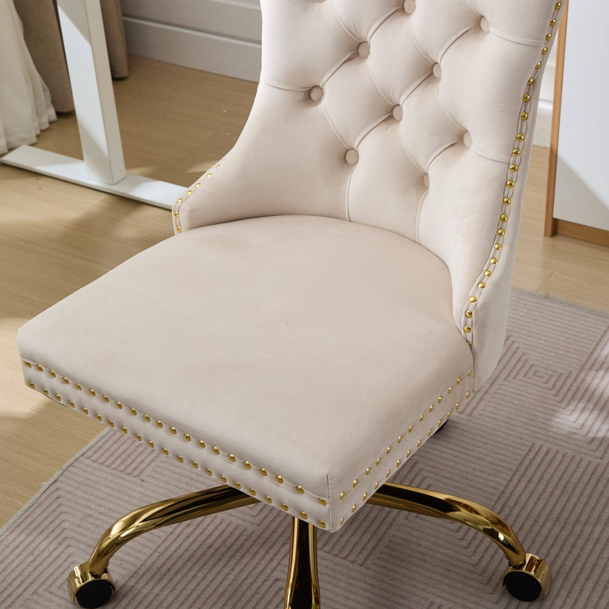 Alt View 8. GOODSILO - Modern Velvet Upholstered Office Chair with Tufted Button Design and Golden Metal Base for Home Workspace - Beige.