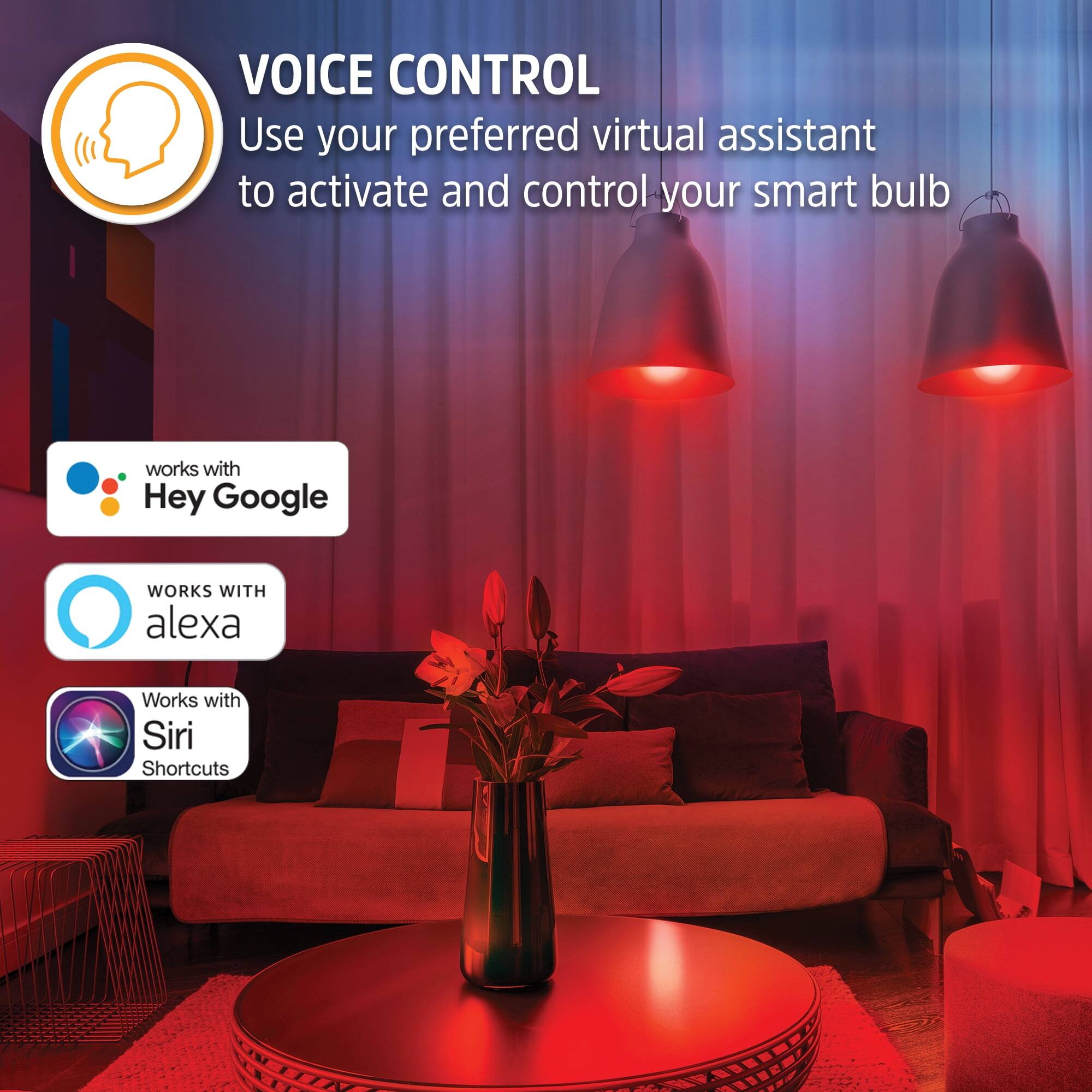 VOICE CONTROL  
Use your preferred virtual assistant to activate and control your smart bulb

- works with Hey Google
- WORKS WITH alexa
- Works with Siri Shortcuts