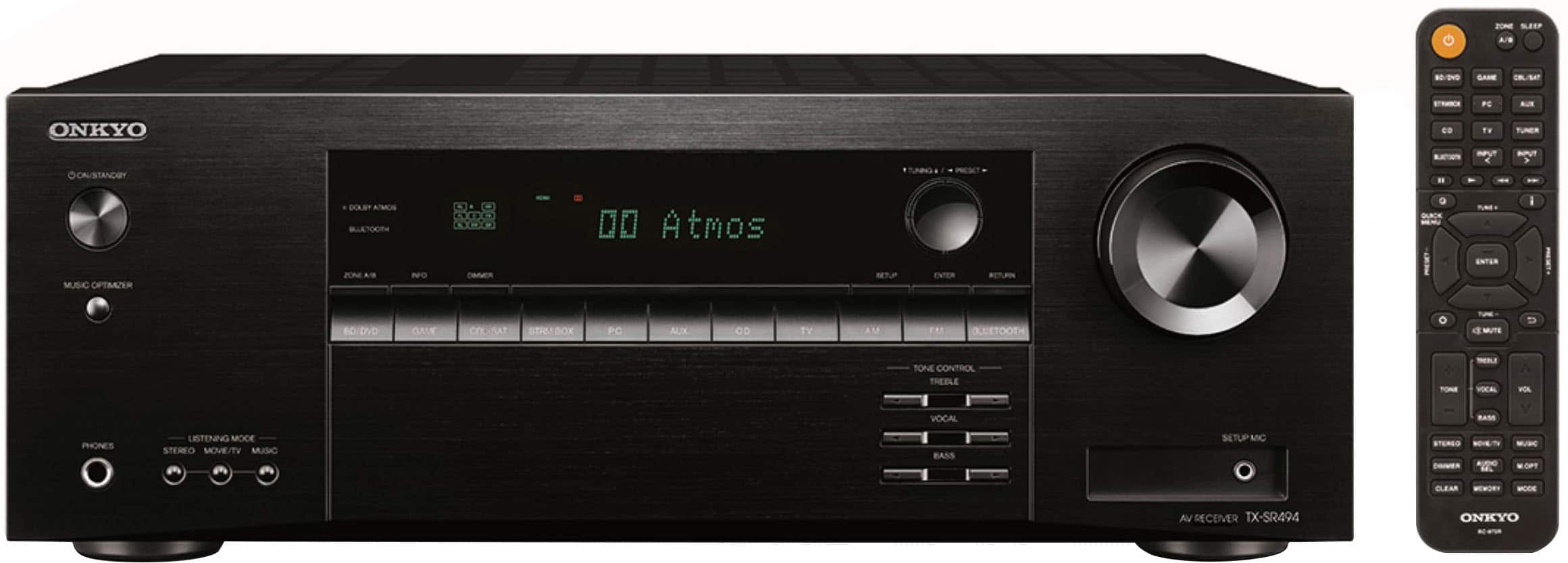 ZONE SIOP A/B NO-OND SAM BL/B FE - ONKYO CO F TUNER O-ONV/STANDRY - E BUT MUSIC OPTMZER DOLEY ATMOS BLTTH JONE NNPO 00 COO E 00 Atmos NTUP ENTER RETURI Q DURCK a INTER I BO:DVD GAM COLUSAT SERMSOK PC ALIX CD TV AM EA OLUETOOTH a MUTE TONE CONTROL THEBLE -OE L VOCAL V VOCAL PHONES LSTENING MODE STEREO MOVE/TV MUSIC BASS SETUP MC STEREO -E A MSC PHO ELEAR - MOC A RECEVVER TX-SR494 ONKYO