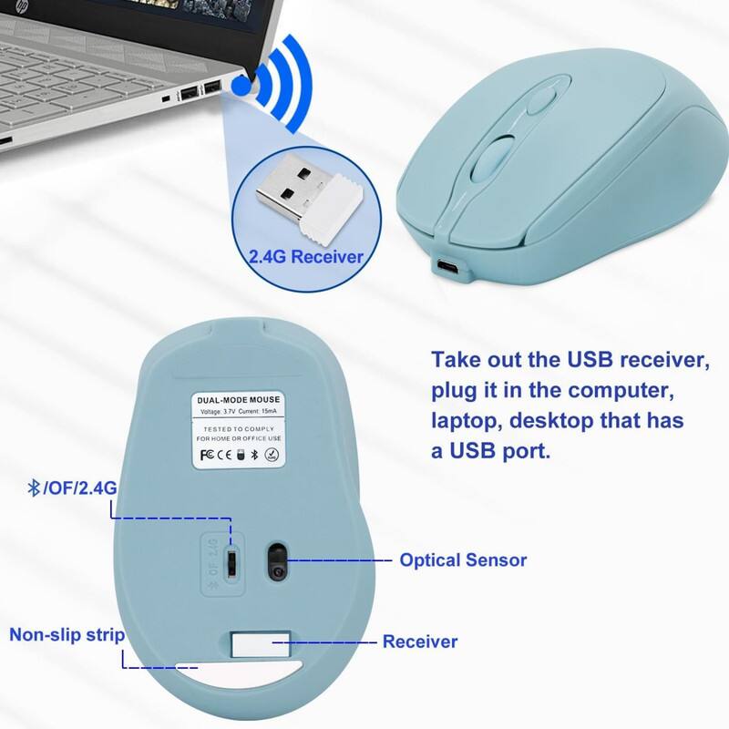 2.4G Receiver / OF / 2.4G DUAL-MODE MOUSE  
Voltage: 1.7V  
Current: 15mA  
Tested to comply for home or office use  

Take out the USB receiver, plug it in the computer, laptop, desktop that has a USB port.  

2.4G OF Optical Sensor  
Non-slip strip  
Receiver