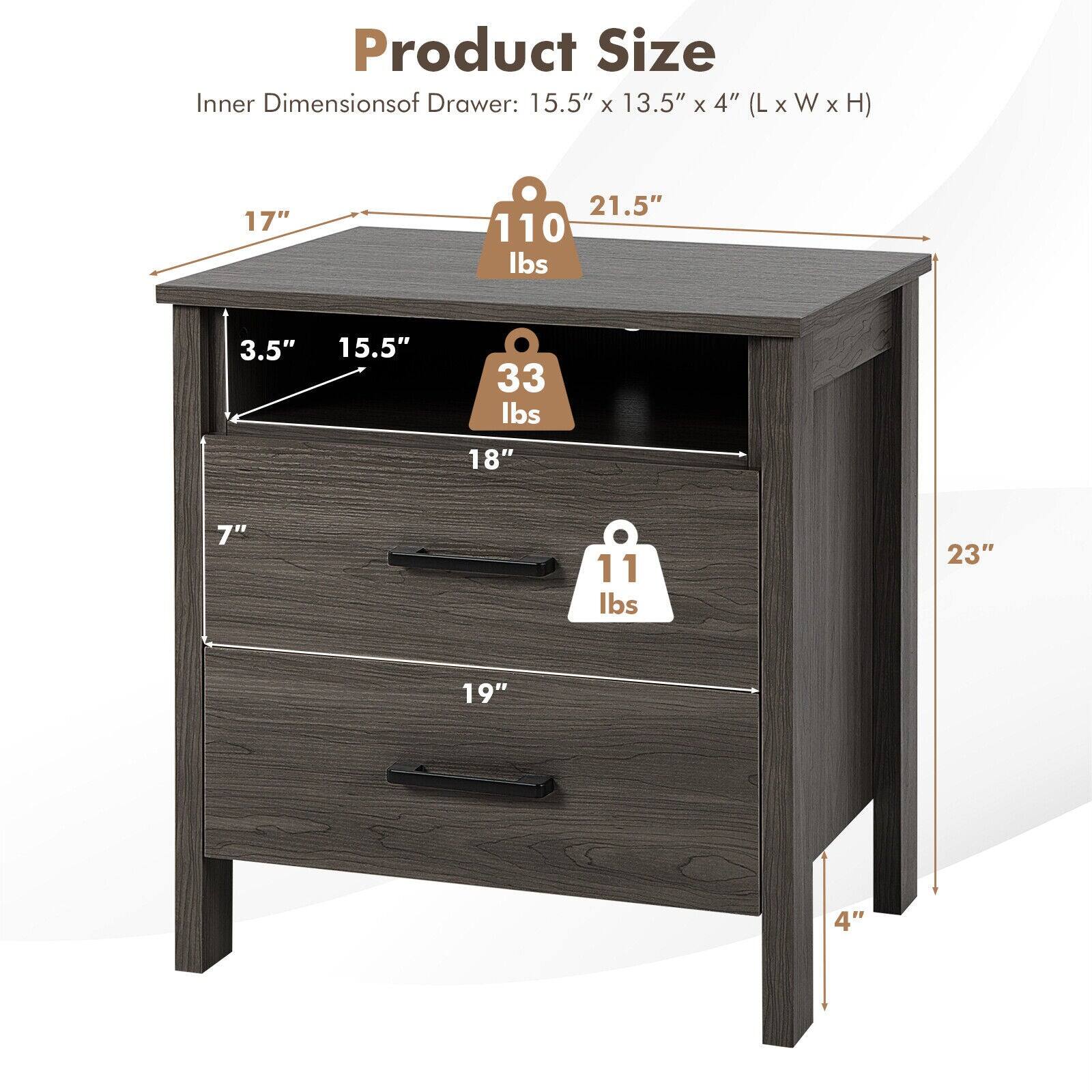 Product Size  
Inner Dimensions of Drawer: 15.5" x 13.5" x 4" (L x W x H)  

- Top Shelf: 21.5" x 17" x 110 lbs  
- Middle Drawer: 15.5" x 18" x 3.5" x 33 lbs  
- Bottom Drawer: 19" x 7" x 11 lbs  
- Overall Height: 23"  
- Overall Width: 21.5"  
- Overall Depth: 17"  
- Overall Height: 23"  
- Overall Depth: 4"