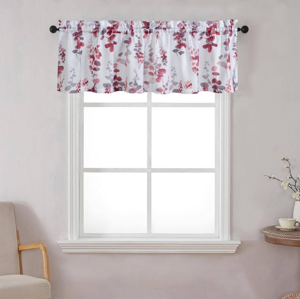 Left. Kate Aurora - Kate Aurora Watercolor Floral Lillies Complete 3 Piece Rod Pocket Kitchen Curtain Tier & Valance Set - Berry - Berry.
