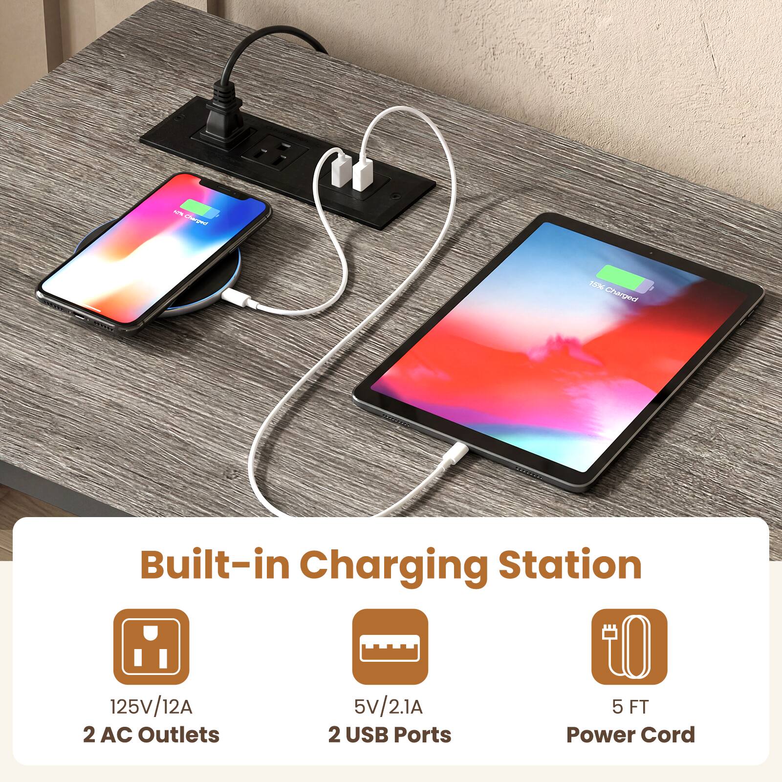 Charged M Chargeur CdaNe Built-in Charging Station  
125V/12A  
2 AC Outlets  
5V/2.1A  
2 USB Ports  
5 FT Power Cord
