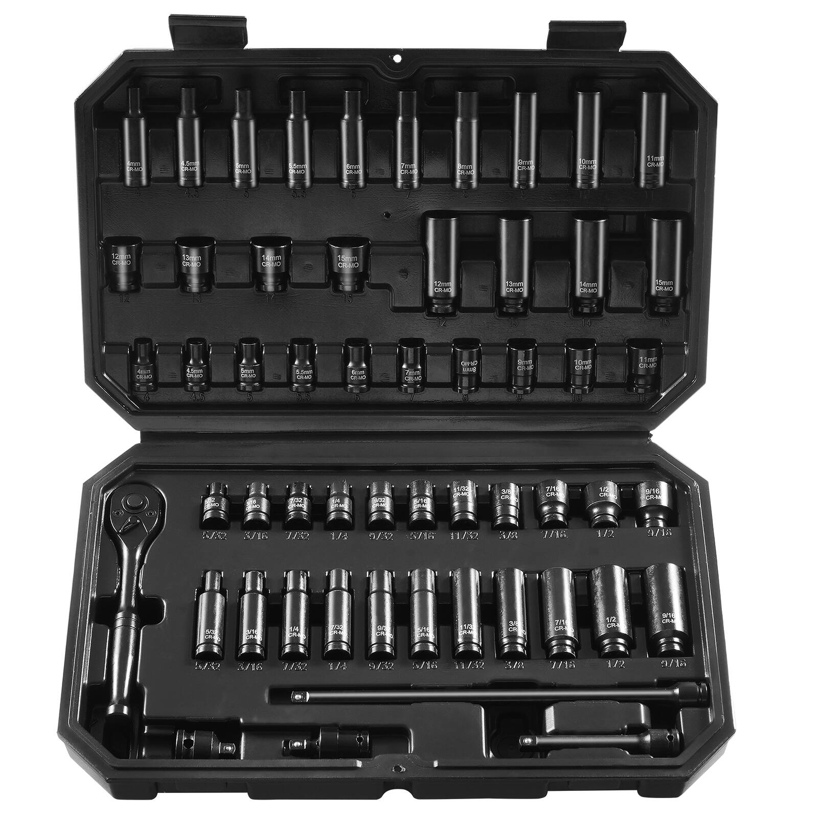VEVOR - Drive Impact Socket Set 1/4"-55 Piece Deep&Shallow Socket Set SAE 5/32"-9/16" and Metric 4-15mm-6 Point CR-V Alloy Steel - Black
