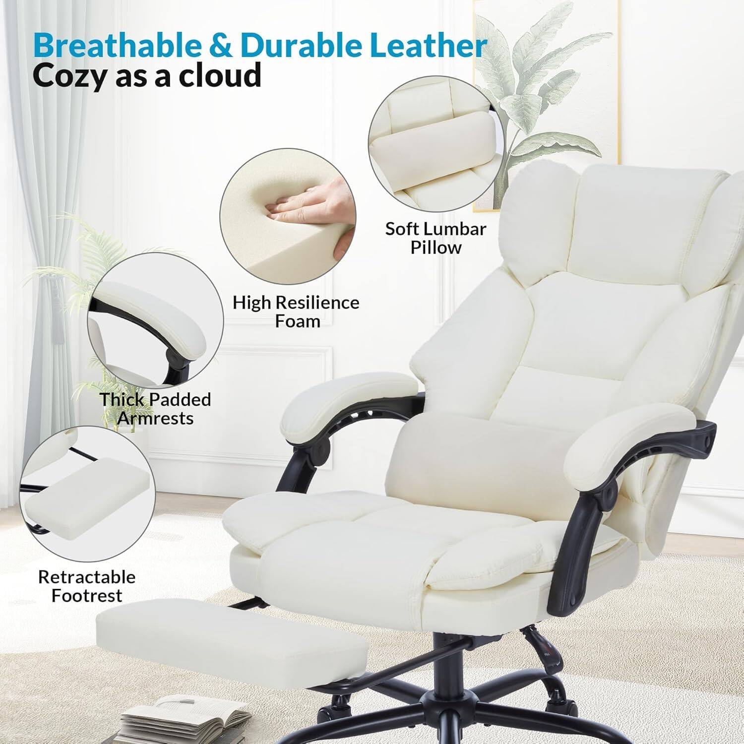 Breathable & Durable Leather  
Cozy as a cloud  

- Soft Lumbar Pillow  
- High Resilience Foam  
- Thick Padded Armrests  
- Retractable Footrest