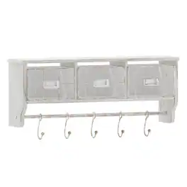 Emma + Oliver - Mulhall Rustic Country Wall Mounted Shelf with 5 Adjustable Sliding Hooks and Three Wire Storage Baskets - White Wash