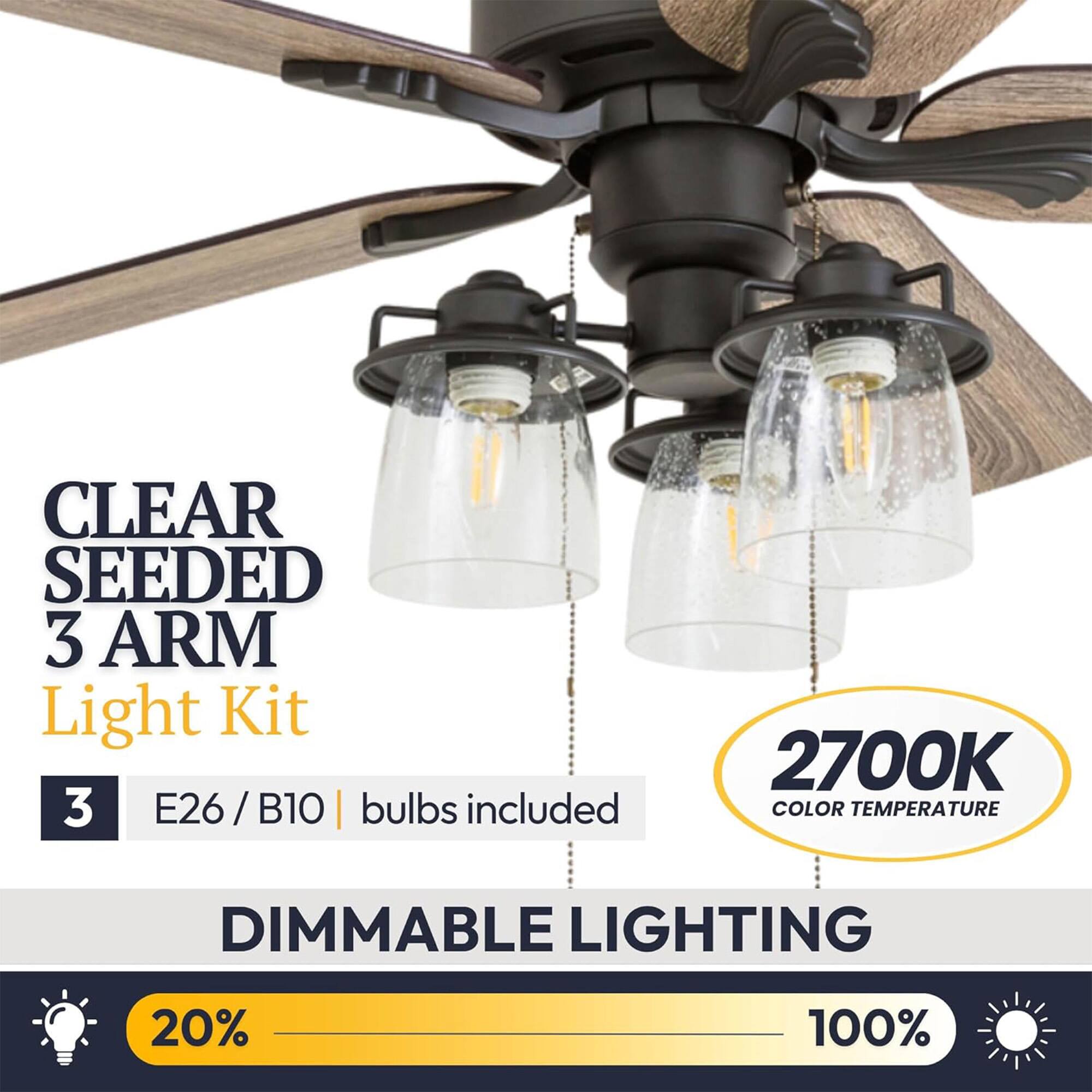 CLEAR SEEDED 3 ARM Light Kit  
3 E26 / B10 bulbs included  
2700K COLOR TEMPERATURE  
DIMMABLE LIGHTING  
20% - 100%