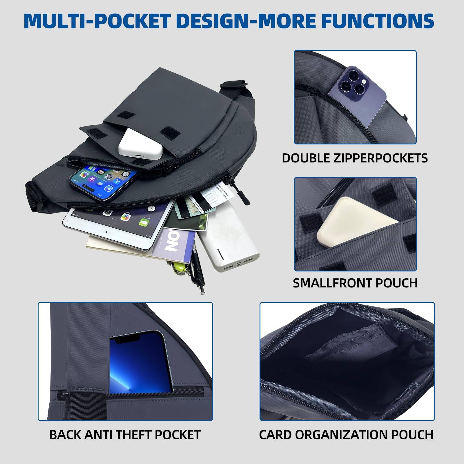 MULTI-POCKET DESIGN - MORE FUNCTIONS

- DOUBLE ZIPPER POCKETS
- SMALL FRONT POUCH
- BACK ANTI THEFT POCKET
- CARD ORGANIZATION POUCH