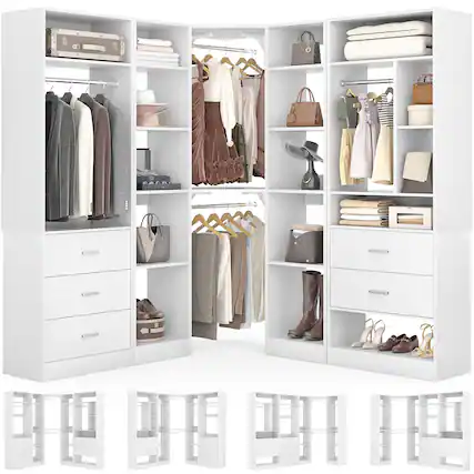 Front. Aheaplus - L-Shaped Closet System: 5-Drawer + 15+ Shelves + 4 Hanging Rods, Fits 63''-87'' Spaces, 2500lb Industrial-Grade Capacity - White.