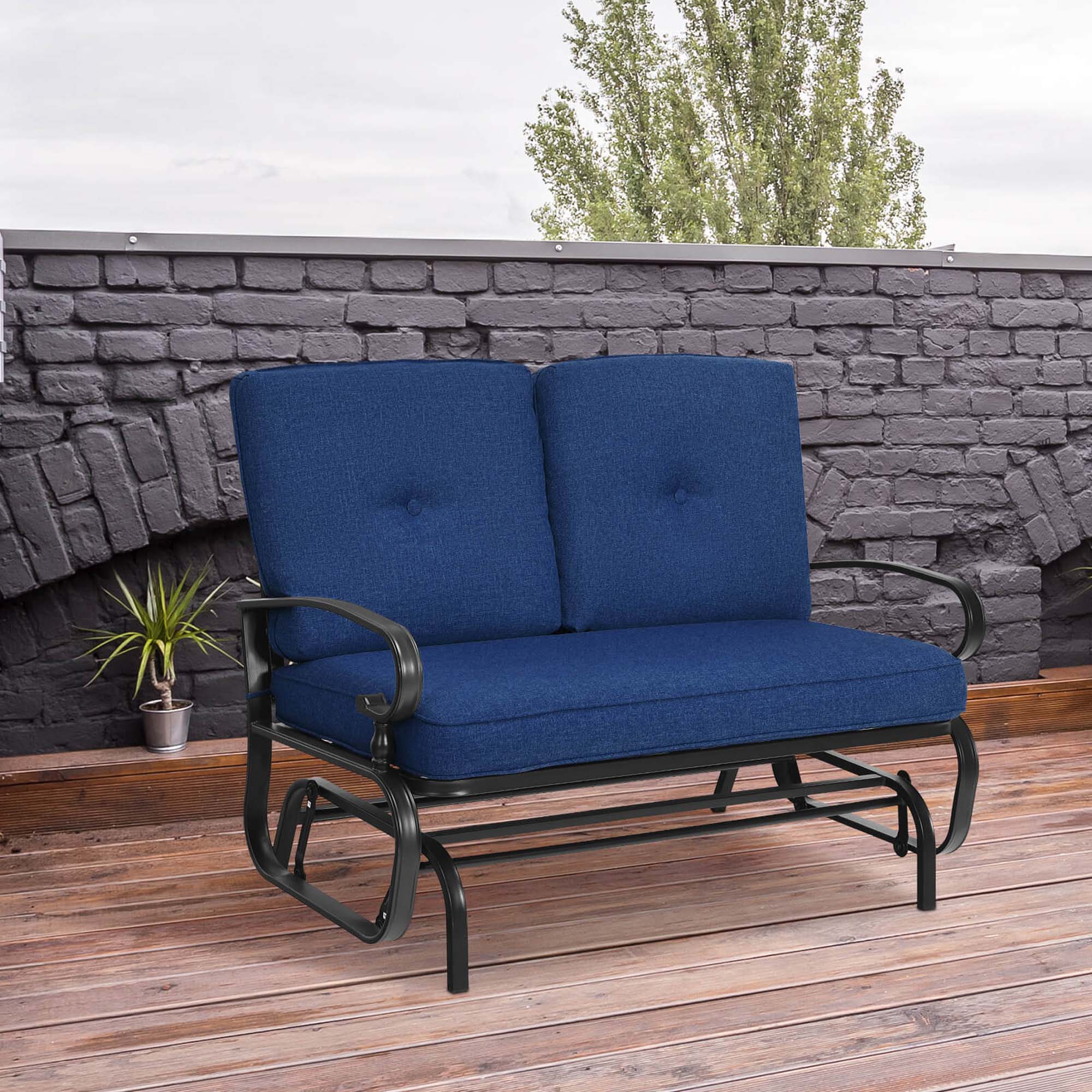 Alt View 1. Costway - Glider Outdoor Patio Rocking Bench Loveseat Cushioned Seat Steel Frame - Navy.
