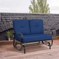 Costway Glider Outdoor Patio Rocking Bench Loveseat Cushioned Seat Steel Frame - Navy - Front_Zoom