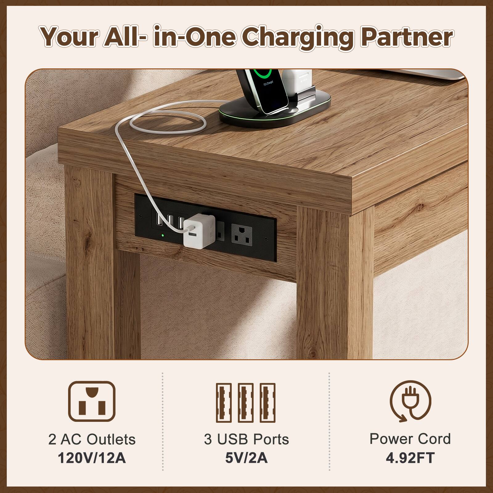 Your All-in-One Charging Partner

- 2 AC Outlets 120V/12A
- 3 USB Ports 5V/2A
- Power Cord 4.92FT