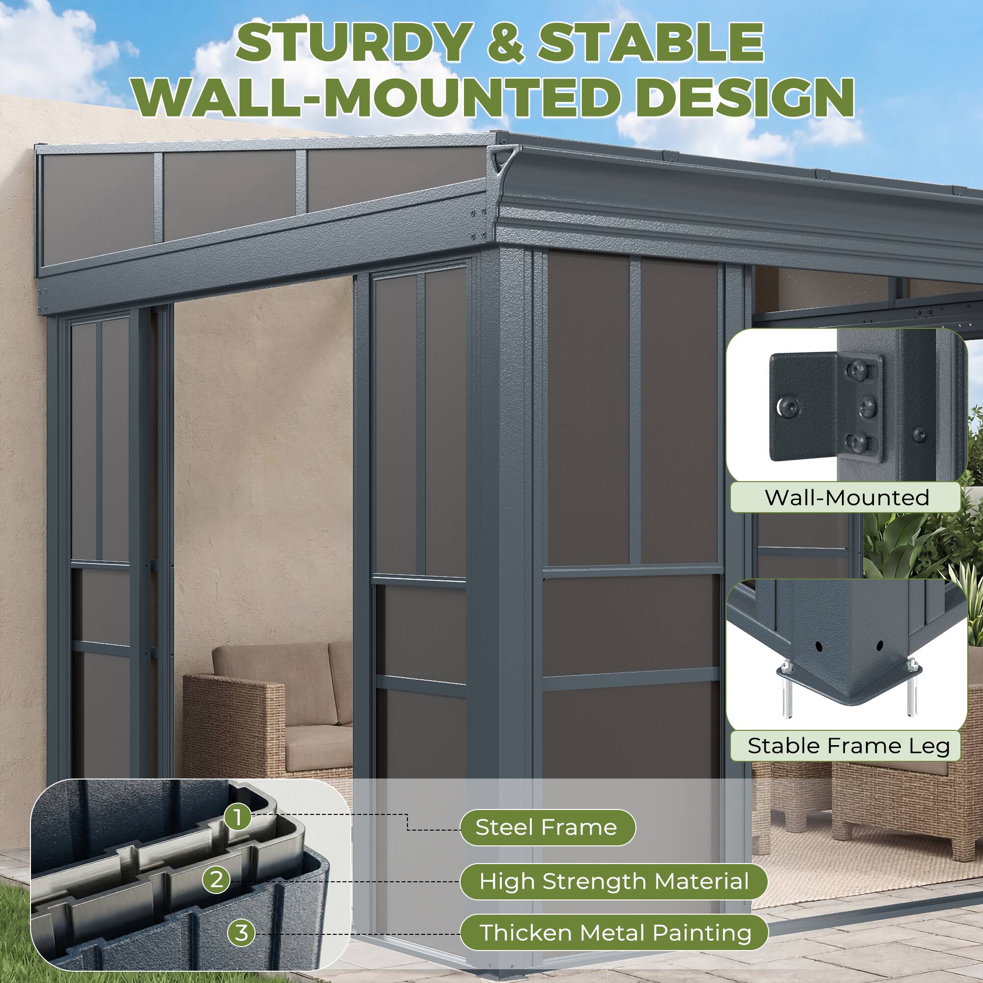 STURDY & STABLE WALL-MOUNTED DESIGN

1. Wall-Mounted
2. Stable Frame Leg
3. Steel Frame
4. High Strength Material
5. Thickened Metal Painting