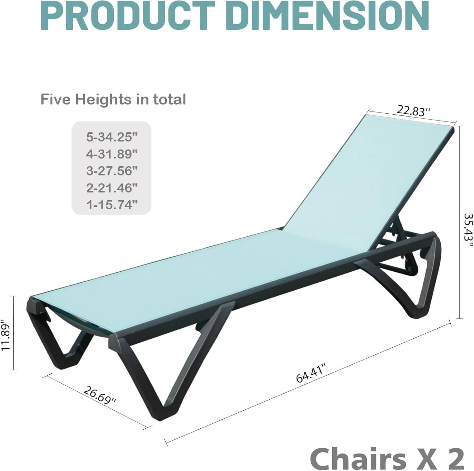 PRODUCT DIMENSION

Five Heights in total  
5-34.25"  
4-31.89"  
3-27.56"  
2-21.46"  
1-15.74"  

22.83"  
35.43"  
11.89"  
26.69"  
64.41"  

Chairs X 2