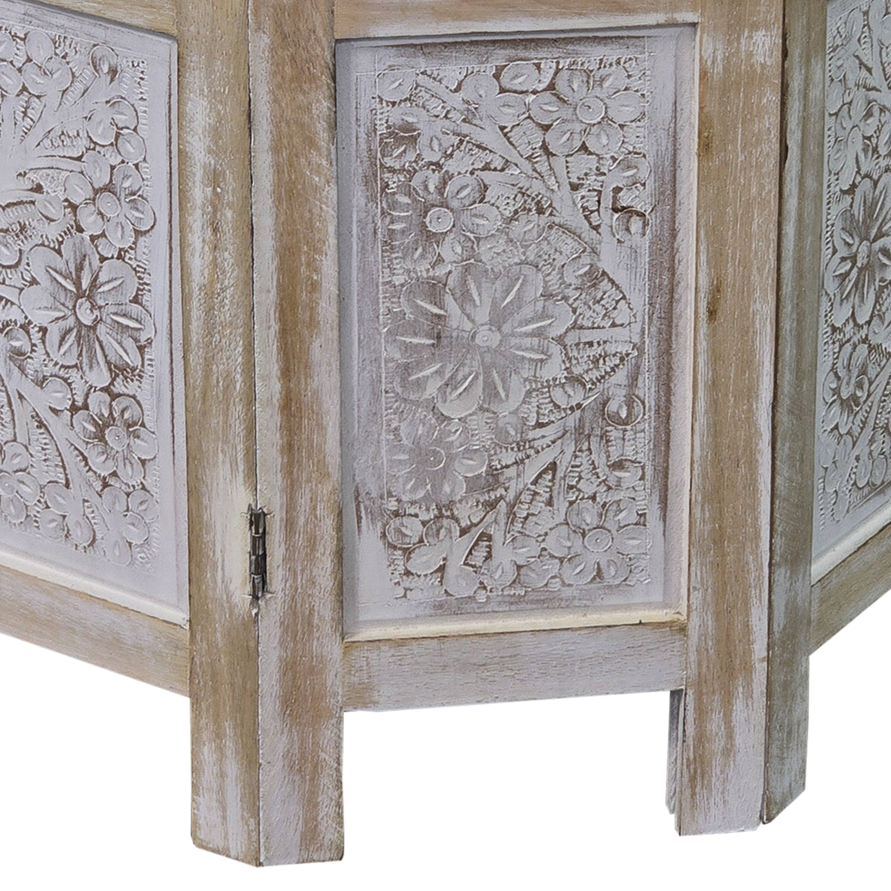 Alt View 2. Manhattan Lane - Accent Side Table, Mango Wood 18 Inch Round Top, Hand Carved Inlay Mandala Design - Washed White.