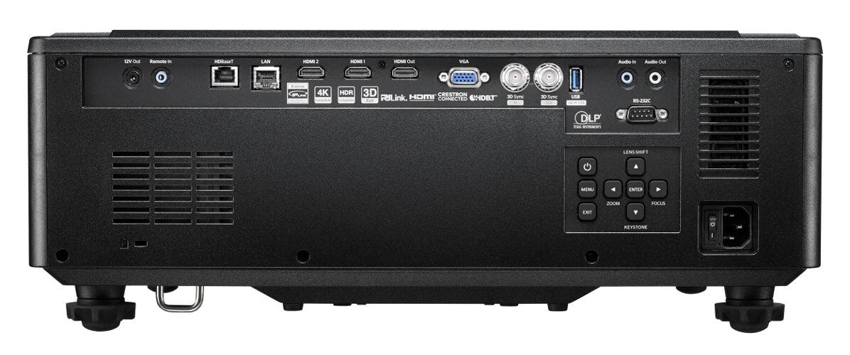 Sure, here is the corrected and grouped text from the image:

---

**Top Left:**
- DV Out
- Remote In

**Top Center:**
- HDMI2.0
- LAN
- HDMI 2
- HDMI 1
- HDMI Out

**Top Right:**
- VGA
- Audio In
- Audio Out

**Middle Right:**
- 4K HDR
- 3D
- PIP Link, HDMI

**Bottom Right:**
- DLP
- USB
- RS-232C

**Bottom Center:**
- CRESTRON
- CHDBT

**Bottom Left:**
- LENS SHIFT
- MENU
- ENTER
- ZOOM
- FOCUS
- EXIT
- KEYSTONE

**Bottom Right:**
- USB
- RS-232C

---

This should accurately reflect the text and labels on the image.