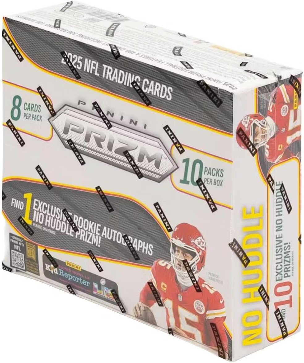 PANINI 025 FEATURES NFL FOOTBALL TRADING CARDS 2025 PANINI PRIZM. 8 CARDS PER PACK. 10 PACKS PER BOX. FIND 1 EXCLUSIVE NO HUDDLE ROOKIE AUTOGRAPH! NO HUDDLE EXCLUSIVE PRIZMS!