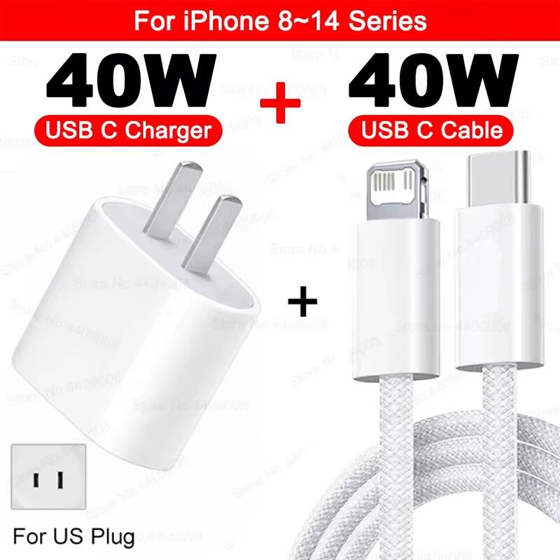 For iPhone 8~14 Series  
40W USB C Charger + 40W USB C Cable  
For US Plug