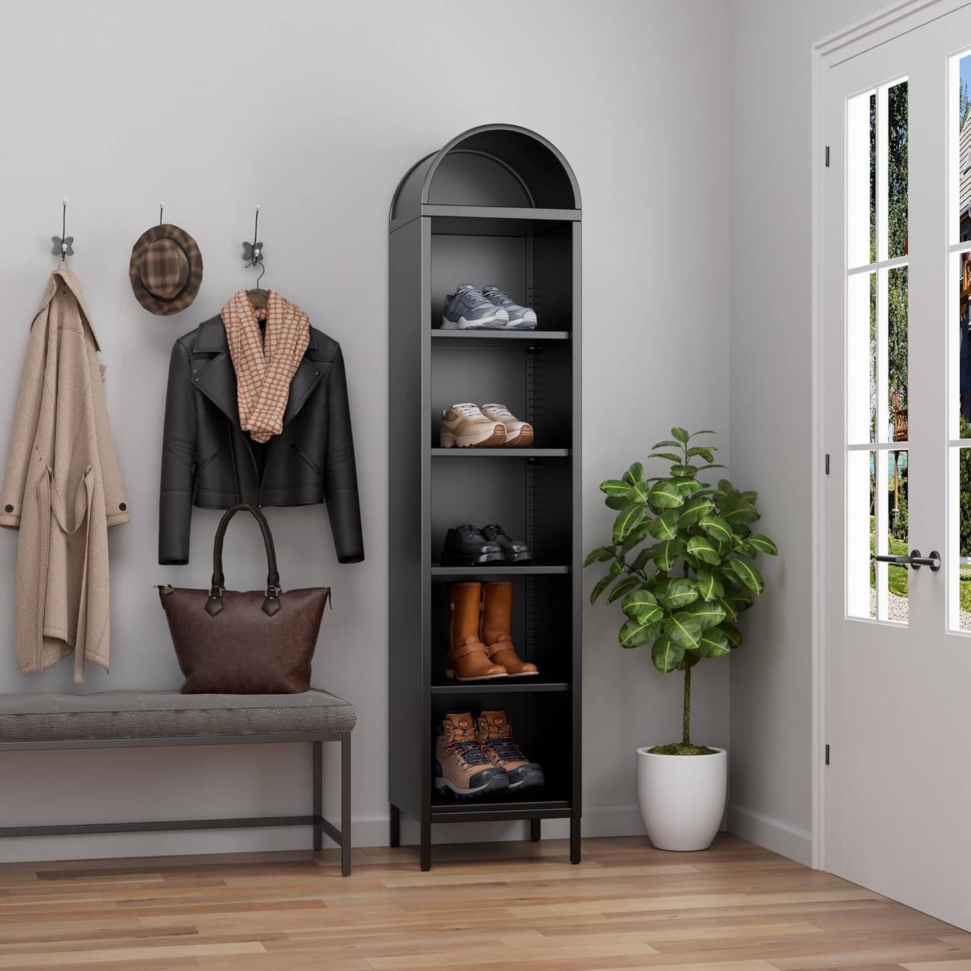 Alt View 2. Boyel Living - 73-Inch Arched Metal Bookshelf with Adjustable Shelves - Black.