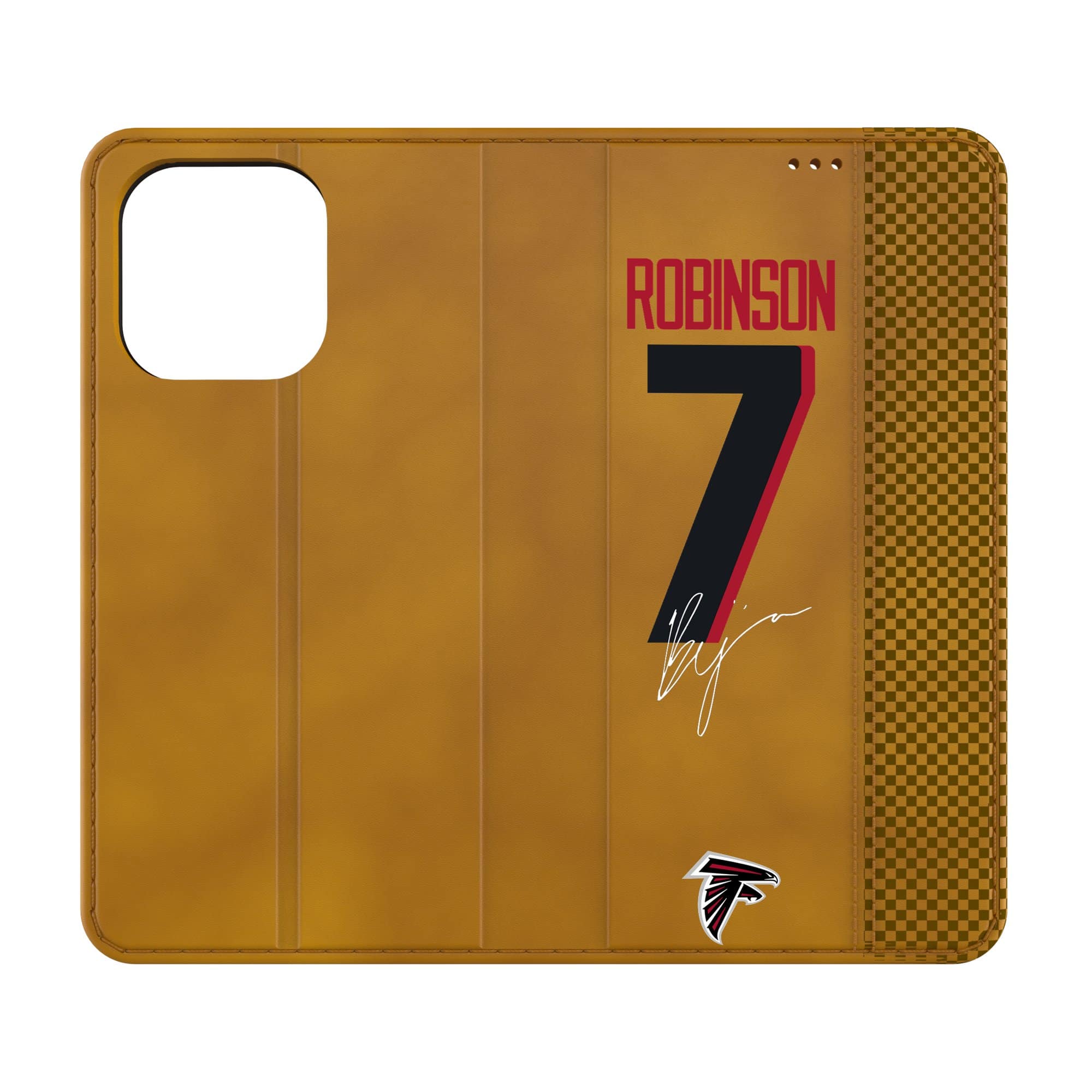 Front. Keyscaper - Bijan Robinson Brown Atlanta Falcons Folio iPhone Case - 13 Pro - Brown.