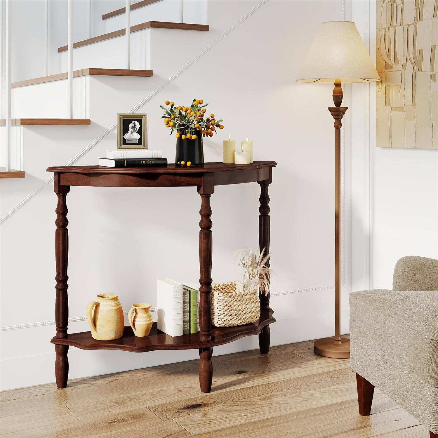 Alt View 1. Pefilos - 42-Inch Half-Moon Console Table, 2 Cloud-Shaped Open Shelves & Rubber Wood Legs - Brown.