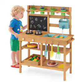 Gymax - Kids Mud Kitchen w/Faucet Removable Sinks Chalkboard Stovetops Rotation Knobs - Natural
